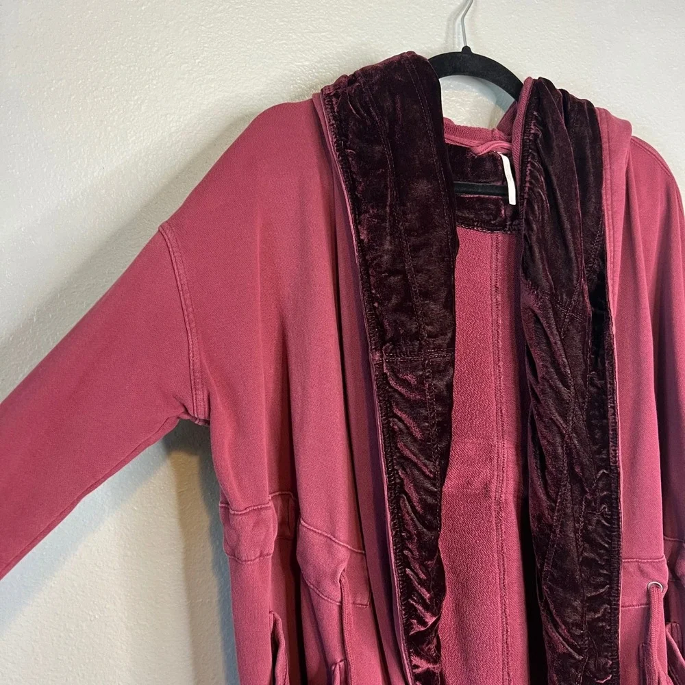 Free People Westwood Cardigan Size S Burgundy Velvet Trim Cloak Hood Dark Berry